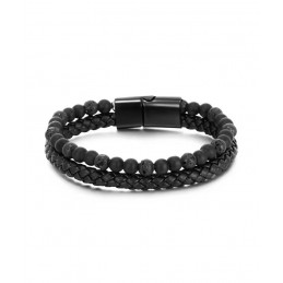 Bracelet 2 rangs cuir noir,...